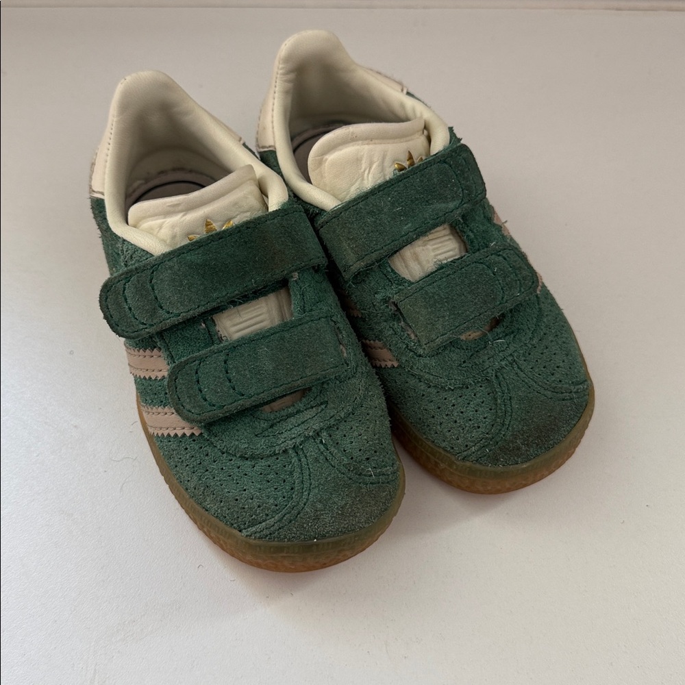 adidas Kids Green Suede Sneakers with Pink Stripes